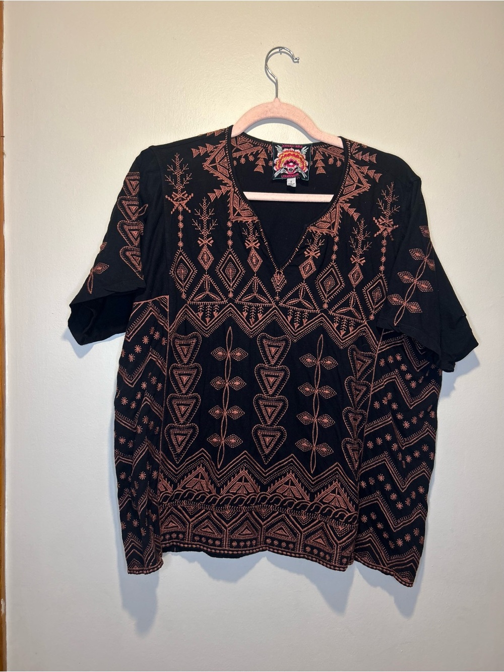 Johnny Was Black Embroidered Boho Cotton Blouse Size S